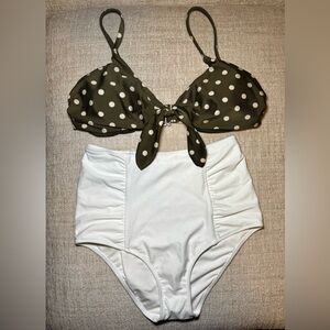 Aerie Aero High Waisted Polka Dot Bikini Set Olive Green White Small/Medium